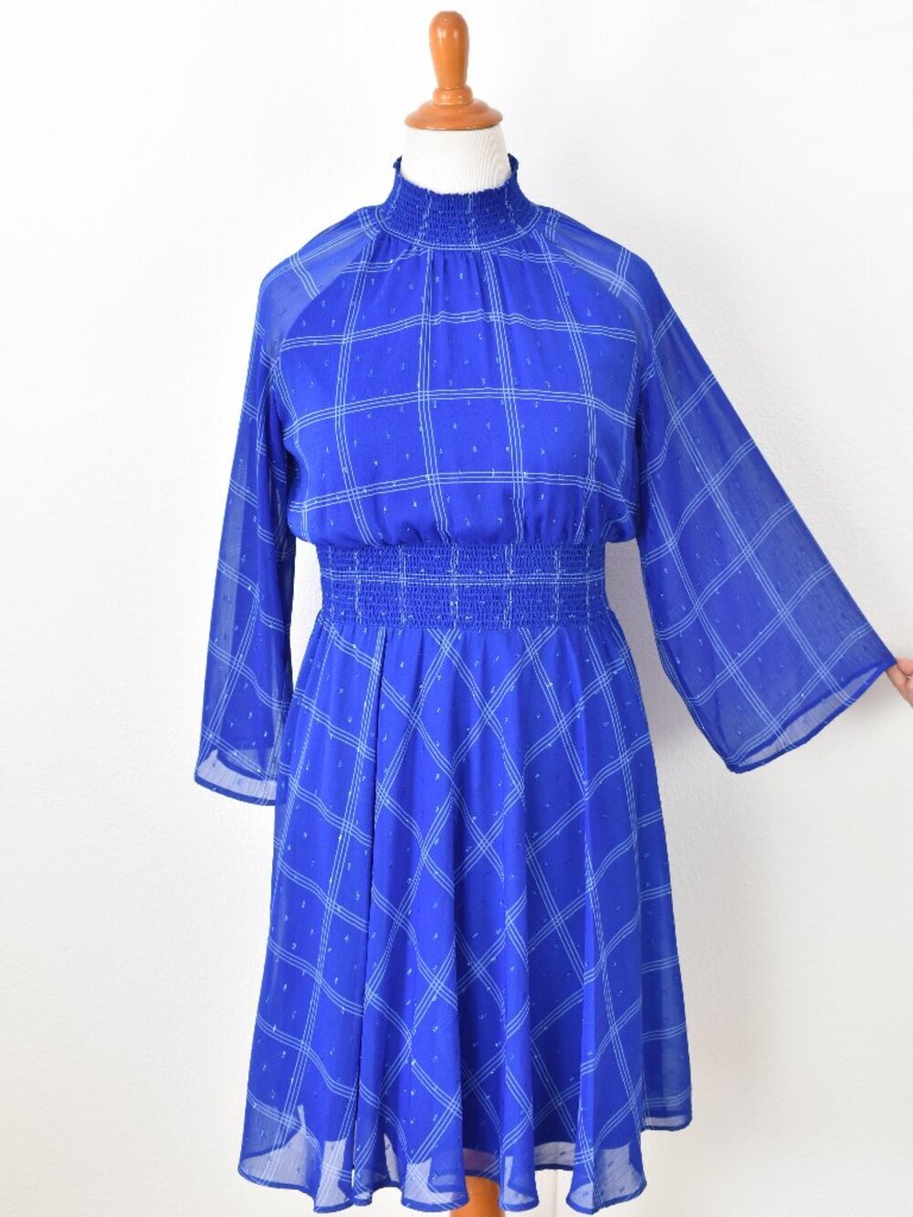 Calvin Klein Plaid Chiffon Mock Neck Smocked Detail Dress - 12